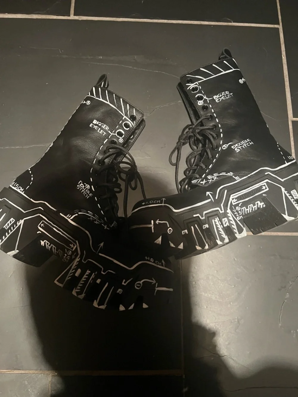 Balenciaga Black and White Graphic Platform Combat Boots - Picture 2 of 6